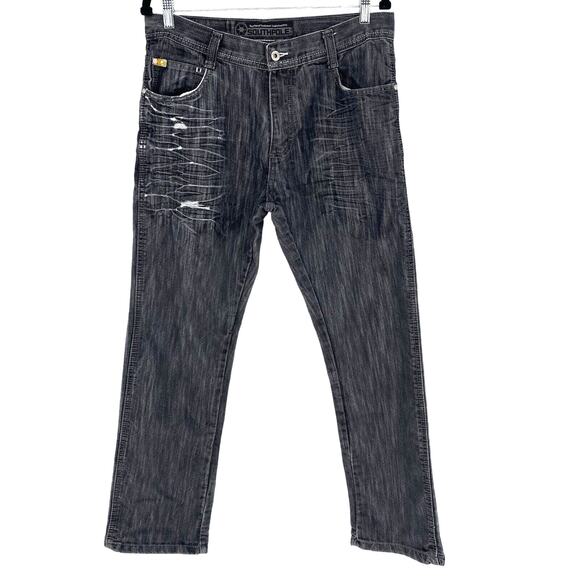 Southpole Jeans 8180 Black Distressed Whiskers Straight Leg Y2K Mens Size 34 32